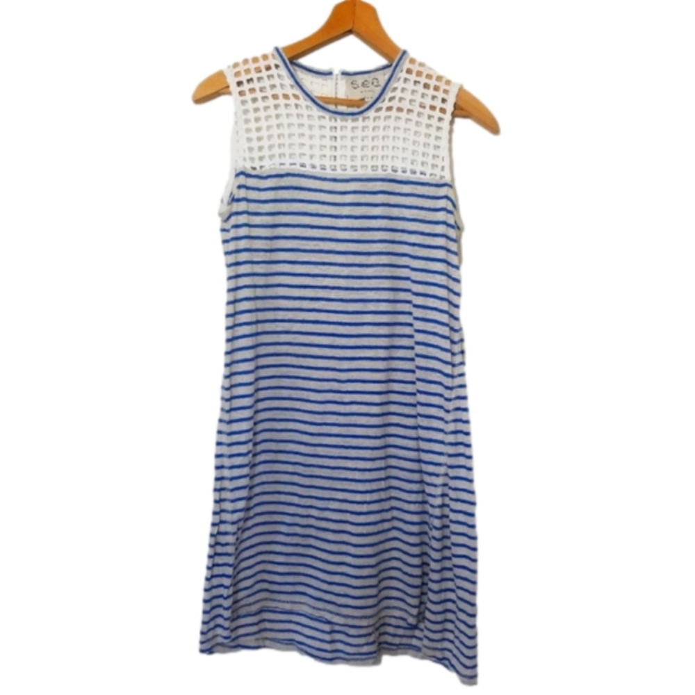 SEA New York Linen Cotton Stripe Boating Length Mini Sleevless Dress Lace Size S